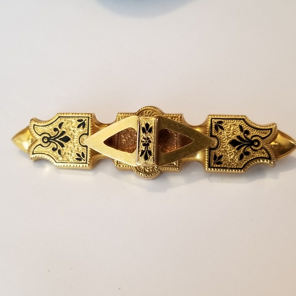 Antique brooch taille d'epargne bar pin gold tone Victorian - Picture 4 of 14